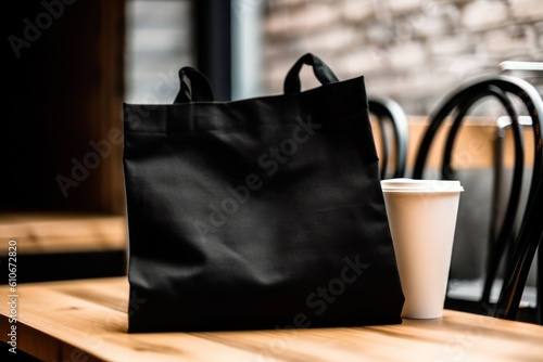 Linen bag shopper in cafe with copy space. Photorealistic illustration generative AI.