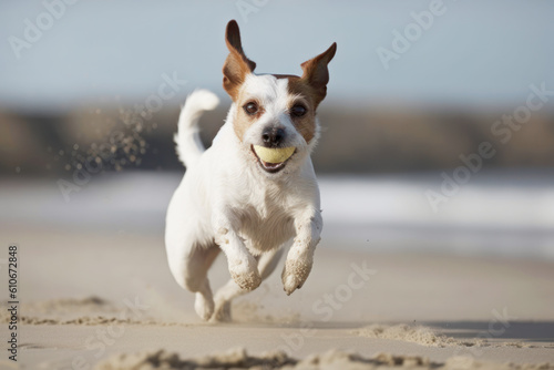 Jack Russell Terrier puppy runs along the beach and catches the ball. Photorealistic illustration generative AI.