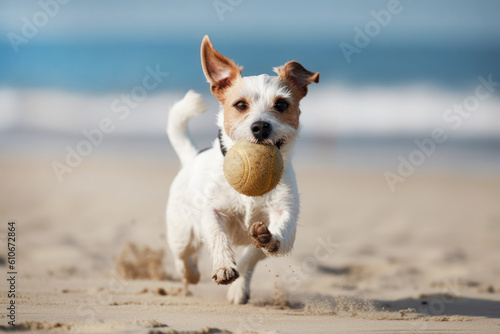 Jack Russell Terrier puppy runs along the beach and catches the ball. Photorealistic illustration generative AI. © July P