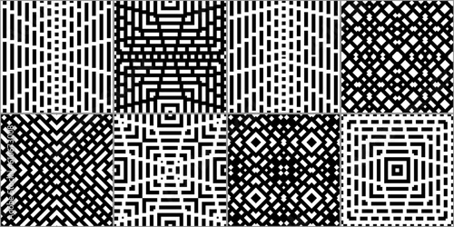 Checks, squares, rectangles, strokes, crosses seamless patterns collection. Geometrical ethnic ornaments set. Tribal backgrounds kit. Folk prints. Patchwork motif. Abstract images. Vectors bundle