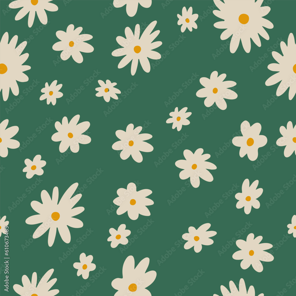 Seamless pattern with flower design on green background. Suitable for print, paper, invitation, postcard. Chamomile vector. Green background