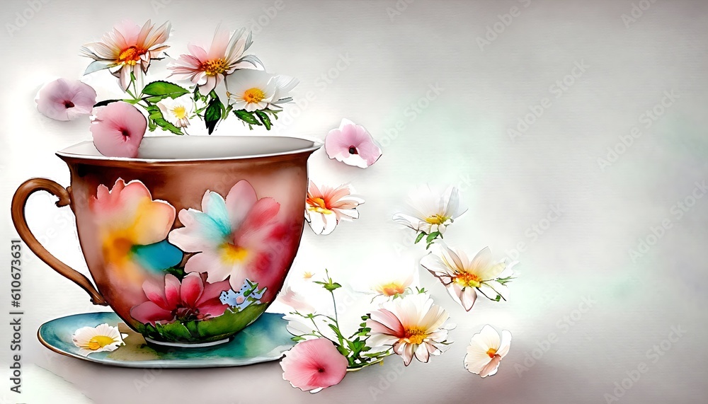 A cute watercolor tea cup with flowers, Ai generated. A cute watercolor tea cup with flowers, Ai generated.