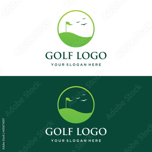 Golf ball and stick and golf course logo template design. Logo for professional golf team, golf club, tournament, business, event.