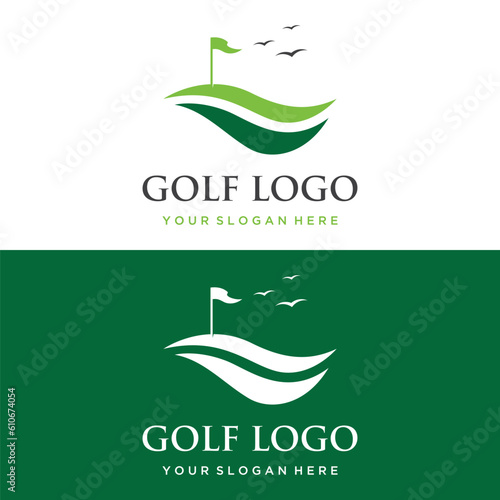 Golf ball and stick and golf course logo template design. Logo for professional golf team, golf club, tournament, business, event.