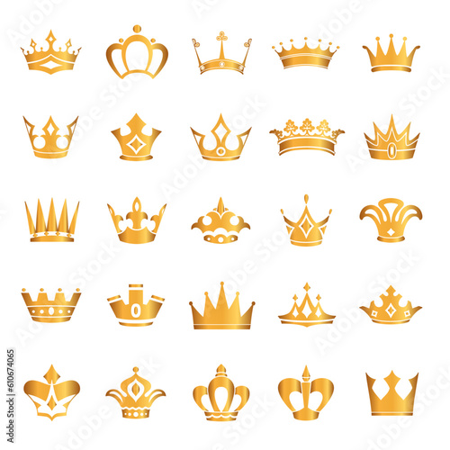 Golden crown icon set. Collection of crown awards for winners, champions, leaders. Vector isolated elements for logo, label, game, hotel, an app design. Royal king, queen, princess crown.