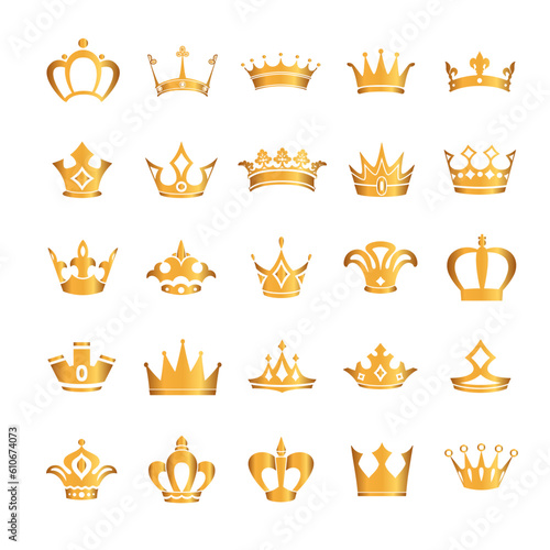 Golden crown icon set. Collection of crown awards for winners, champions, leaders. Vector isolated elements for logo, label, game, hotel, an app design. Royal king, queen, princess crown.