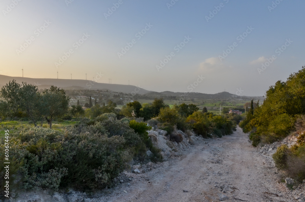 country dirt road in the hills around Alacati (Cesme, Izmir province, Turkiye)