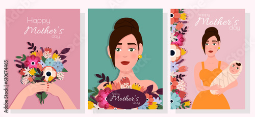 Happy Mother's Day. Mothers Day greeting cards set with text. Mom holiday postcards designs, backgrounds with spring flower bouquet, cute children, kids.