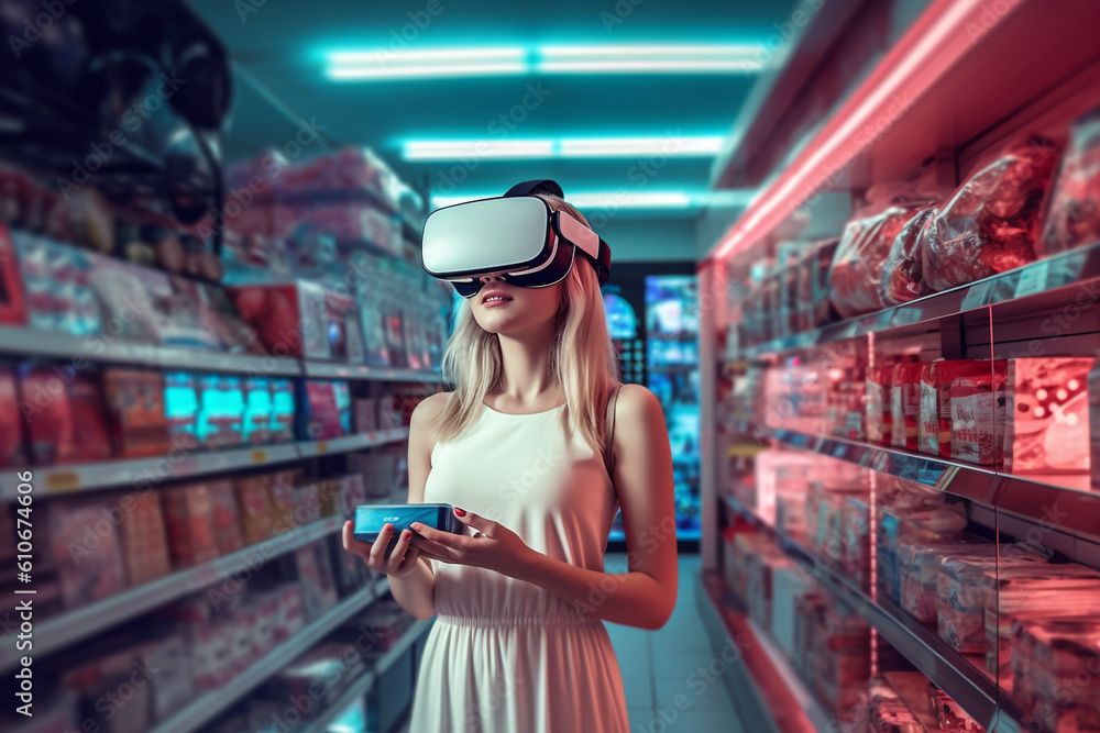 Exploring the Metaverse: Woman Immersed in Virtual Reality with Future Device Technology
