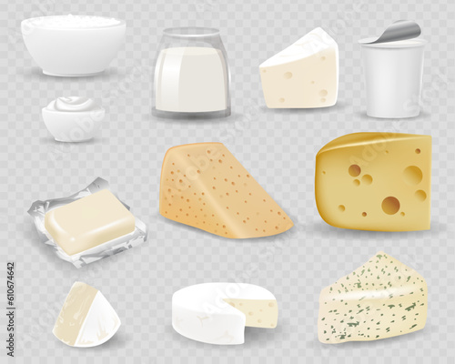 Dairy products isolated on realistic style vector illustration. Different natural milk drinks and food, 3d packaging with blank label, yogurt, butter and cheese