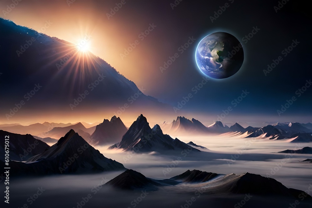 sunrise over the mountains in space by AI generating