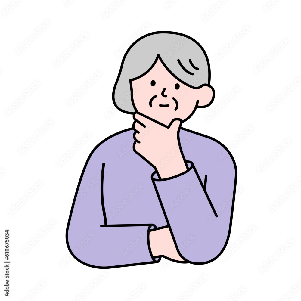 Thoughtful Elderly Woman Looking Up, Simple Style Vector illustration.