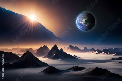 sunrise over the mountains in space by AI generating