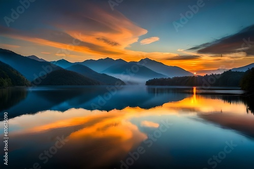 sunset over lake by AI generating