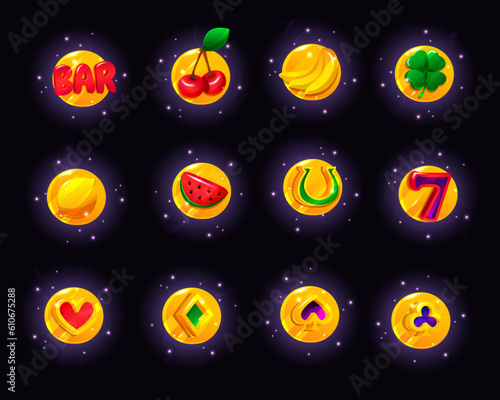 Casino game slot machine icon. Vector gambling machine badge kit, fruit set, cards, bonus sign, golden chips coin. Online spinning, having mobile entertainment