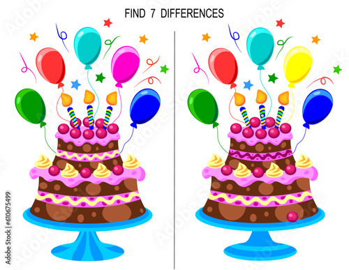 Birthday cake with cherries and marshmallows cartoon style, burning candles, balloons and salute,  find difference