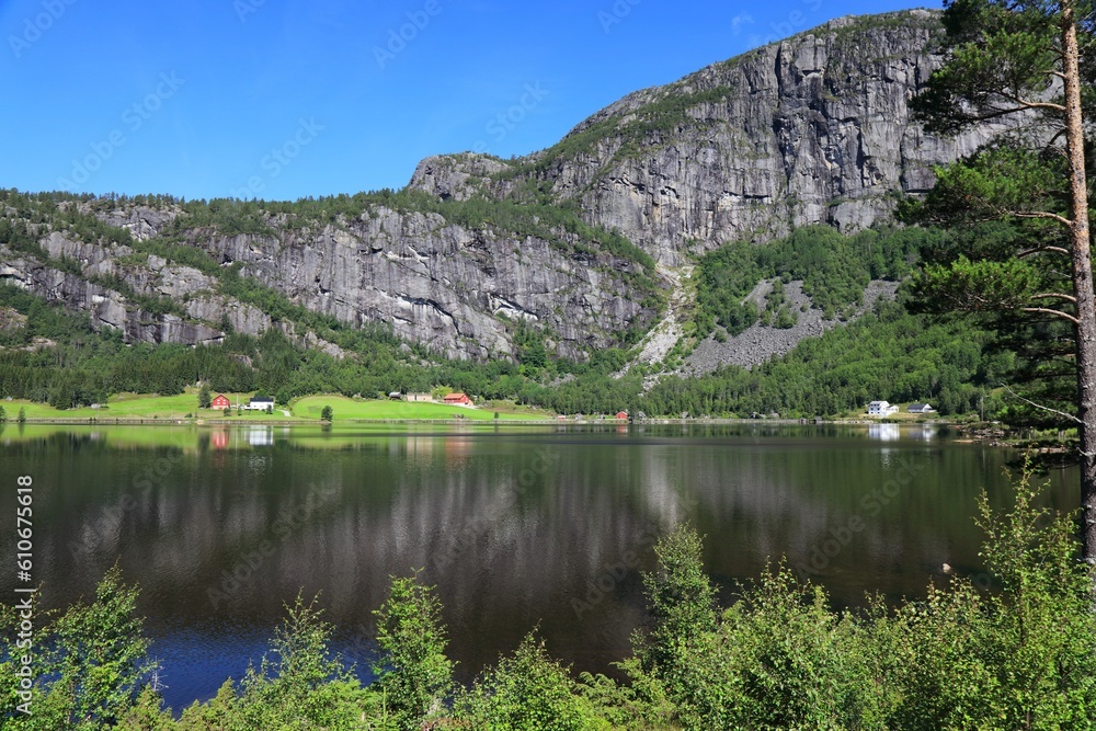 Lakeside village in Setesdal, Norway. Beautiful landscape in Agder region.