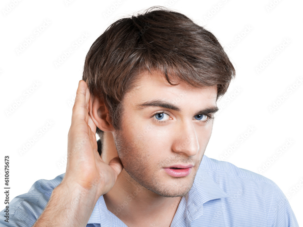 Young Man Holding his Hand Near his Ear Young Man Holding his Hand Near his Ear