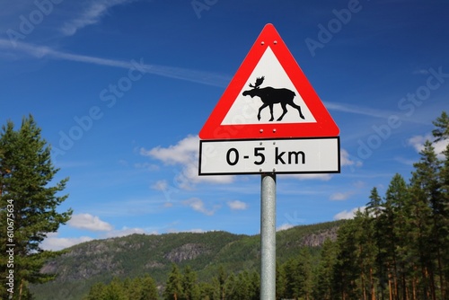 Moose warning sign at a mountain road in Setesdal valley in Agder county, Norway. photo