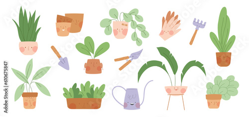 Set of illustration with cute plants characters