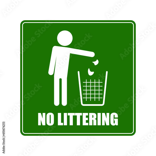 Printable illustration green square sign and white icon of man throw trash on waste contrainer, graphic template for keep clean, do not litter, littering gree environment eco sign