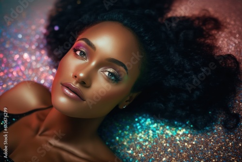 Beautiful black woman with glitter makeup lies on a lot of colorful rhinestones and sequins. Photorealistic illustration generated by AI.