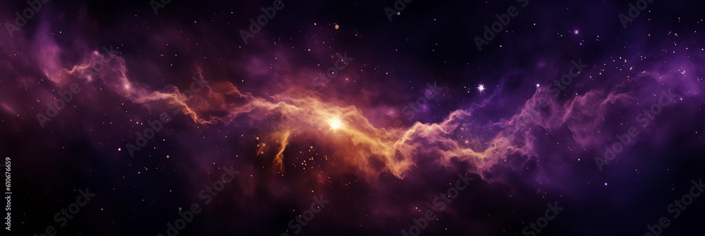 Purple and gold nebula with stars, banner, generative AI