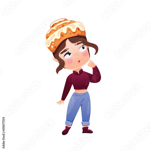 Cinnamon roll girl character isolated on white background. Vector illustration of a female character with a cinnamon bun on her head thought
