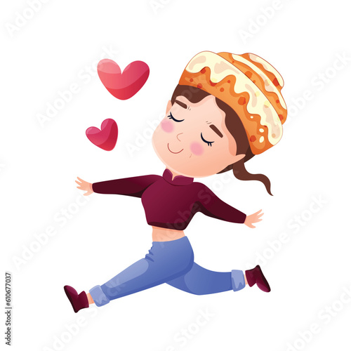 Cinnamon bun girl character jumping in love with hearts. Vector illustration of a female character with a cinnamon bun on her head, isolated on a white background.