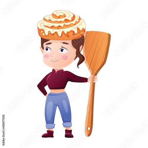 Cinnamon roll girl character isolated on white background. Vector illustration of a female character with a cinnamon bun on her head and with a spatula in her hands