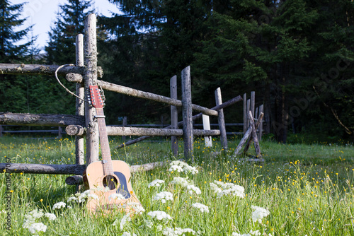 a fence of spruce bars and a guitar nearby
