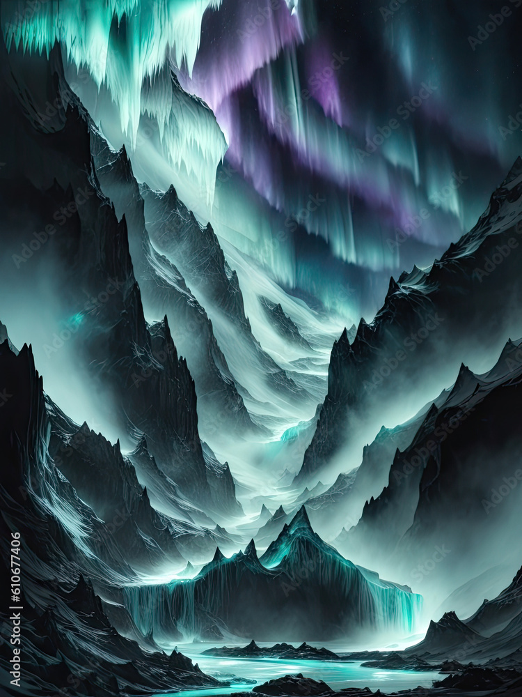 Obraz premium Generative Ai, AI Generated art, Beautiful views of snowy mountain auroras, mountain of aurora, beautiful aurora, arctic aurora, aurora borealis, snow mountain with aurora view, beautiful aurora view