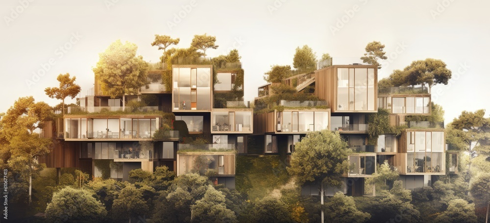 a village made of apartments with trees surrounding them Generative AI a village made of apartments with trees surrounding them Generative AI