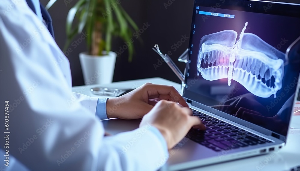 Dentist doctor or nurse in uniform use oral software teeth Xray and typing information medical