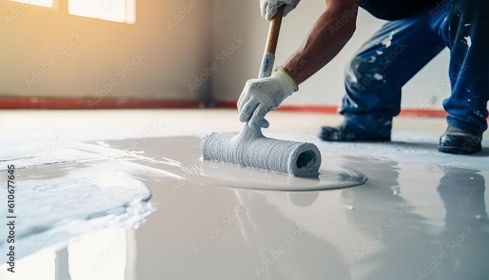 Floor priming process. Worker use primer on concrete floor before