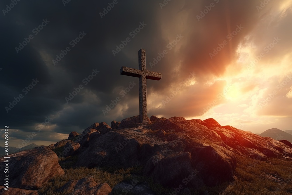 Cross on the top of the mountain with dramatic sky.Generative Ai