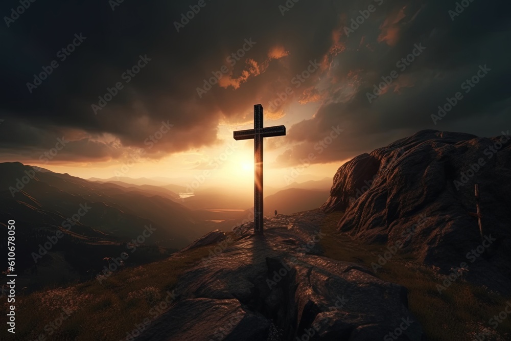 Cross on the top of the mountain with dramatic sky.Generative Ai Cross on the top of the mountain with dramatic sky.Generative Ai