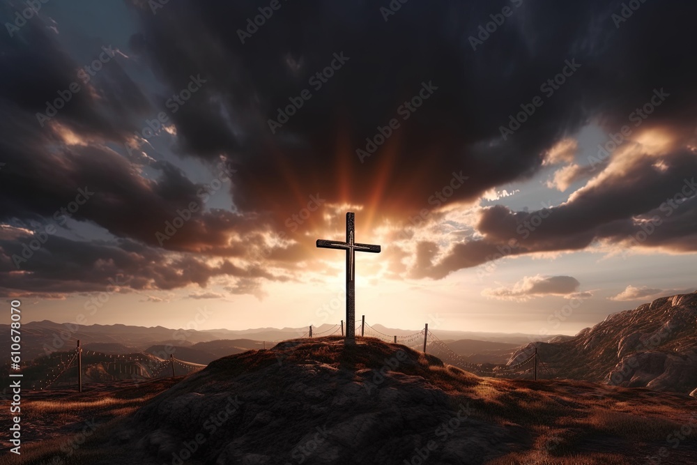 Cross on the top of the mountain with dramatic sky.Generative Ai