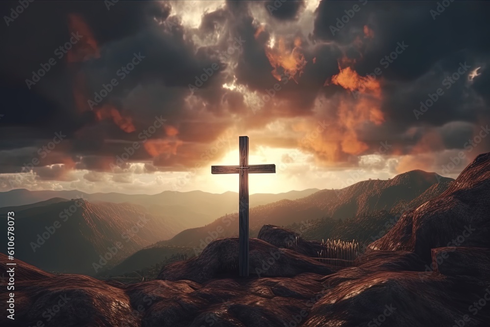 Cross on the top of the mountain with dramatic sky.Generative Ai Cross on the top of the mountain with dramatic sky.Generative Ai