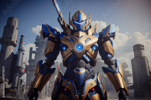Gold colored metal warrior robot, an illustration of Generative AI.