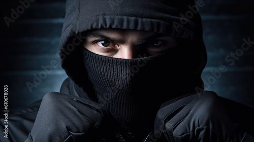 Closeup of a Thief / Criminal in All Black Outfit. With Licensed Generative AI Technology Assistance.