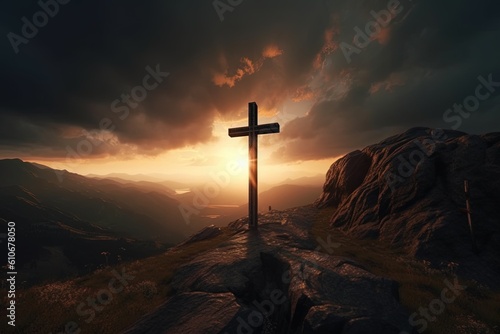 Cross on the top of the mountain with dramatic sky.Generative Ai