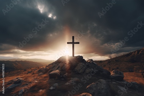 Cross on the top of the mountain with dramatic sky.Generative Ai