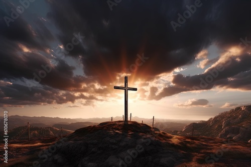 Cross on the top of the mountain with dramatic sky.Generative Ai