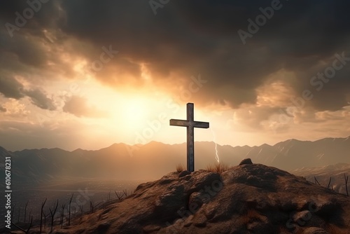Cross on the top of the mountain with dramatic sky.Generative Ai © Rudsaphon