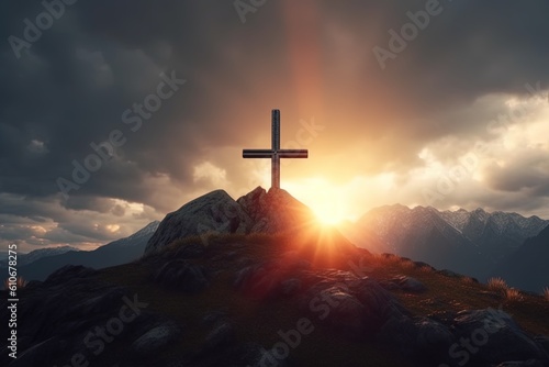 Cross on the top of the mountain with dramatic sky.Generative Ai