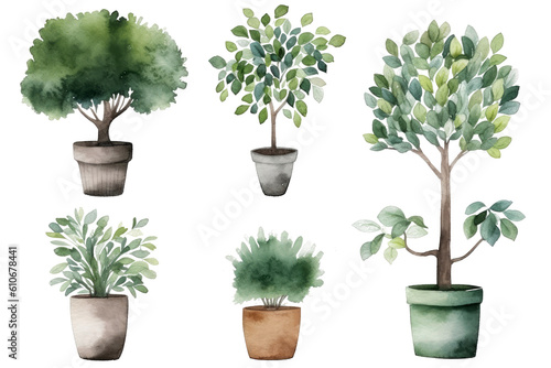 Watercolor of minimal Green Houseplant tree isolated on clear png background, elements natural botanical, leaves, flowers and herbs, set of tree plant collection, with Generative Ai.