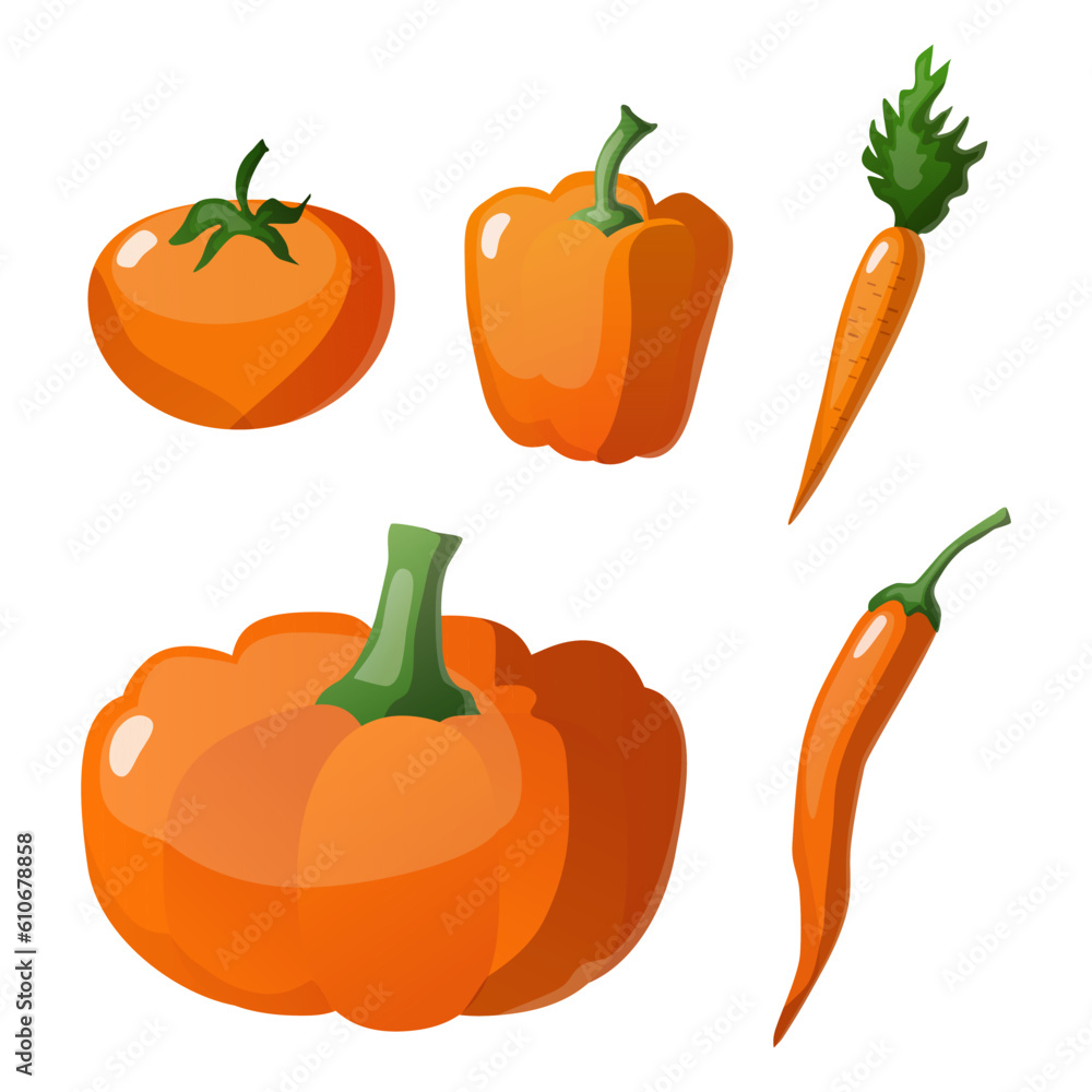 set of orange vegetables isolated on white set of orange vegetables isolated on white