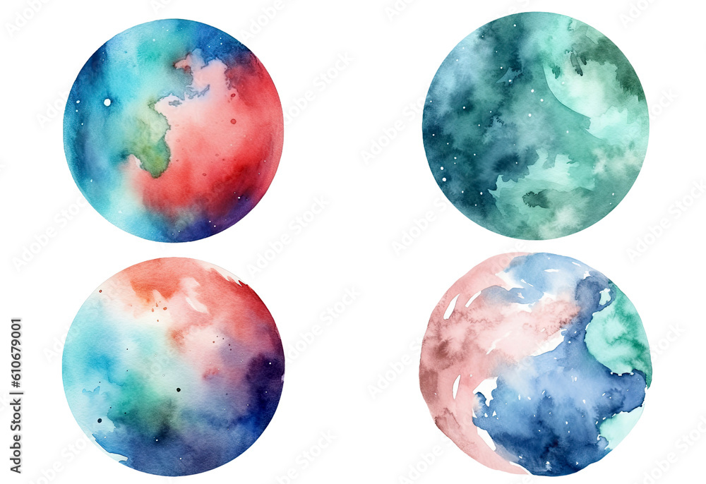 Watercolor elements set of circle or star planet theme isolated on clear png background, perfect elements paint splash for greeting card or mock up, with Generative Ai.