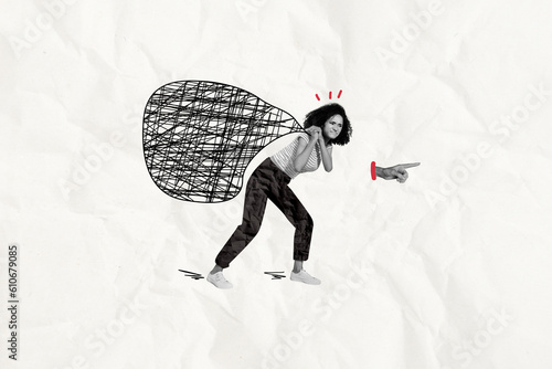 Collage artwork minimal picture of unhappy lady holding huge heavy problems sack isolated white color background